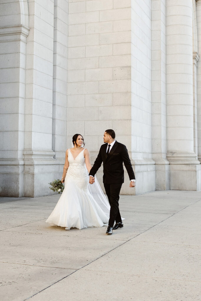 wedding couple walking together