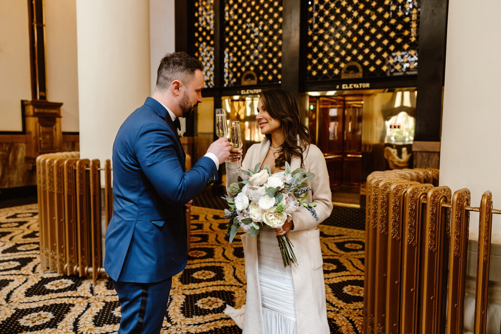 wedding couple with warm coats for their cooler elopement in DC