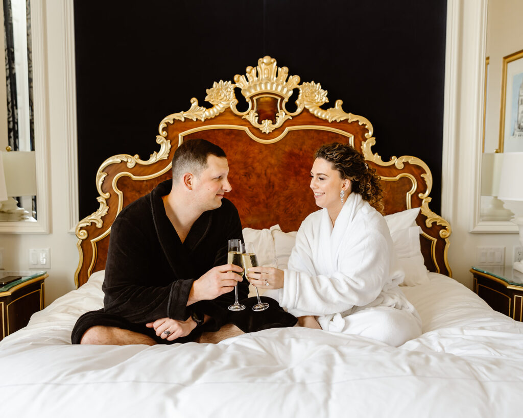 the wedding couple relaxing in robes after their elopement