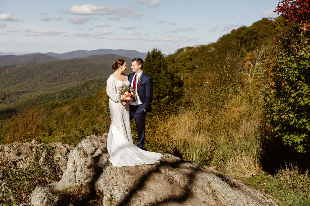 the wedding couple on the mountain in Shenandoah National Park