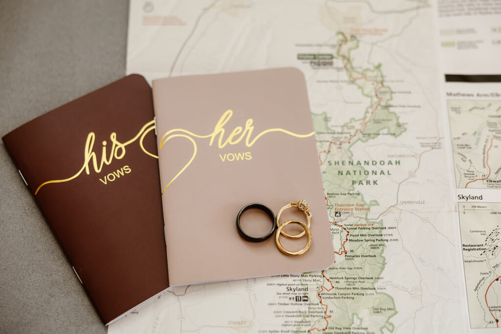 wedding day details of wedding vow books and wedding rings for Shenandoah elopement