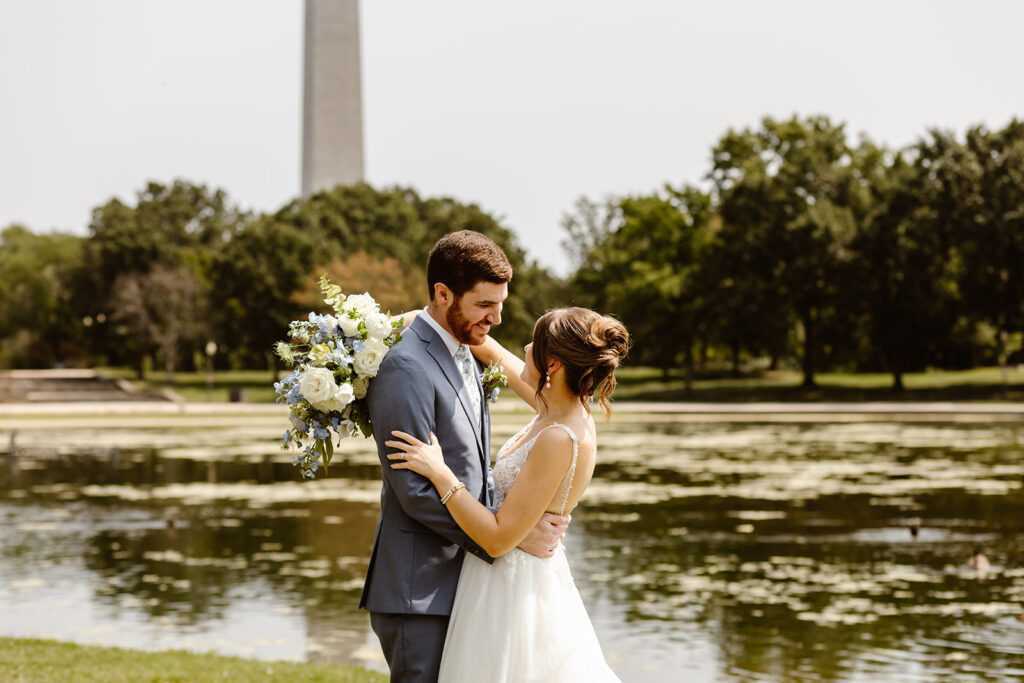 the wedding couple at the National Mall for wedding photos