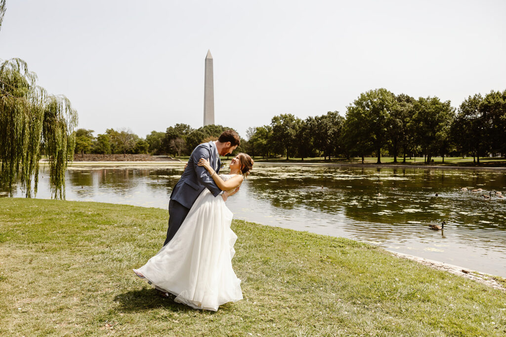 the wedding couple about to kiss after their private vows at the Constitution Garden Pond