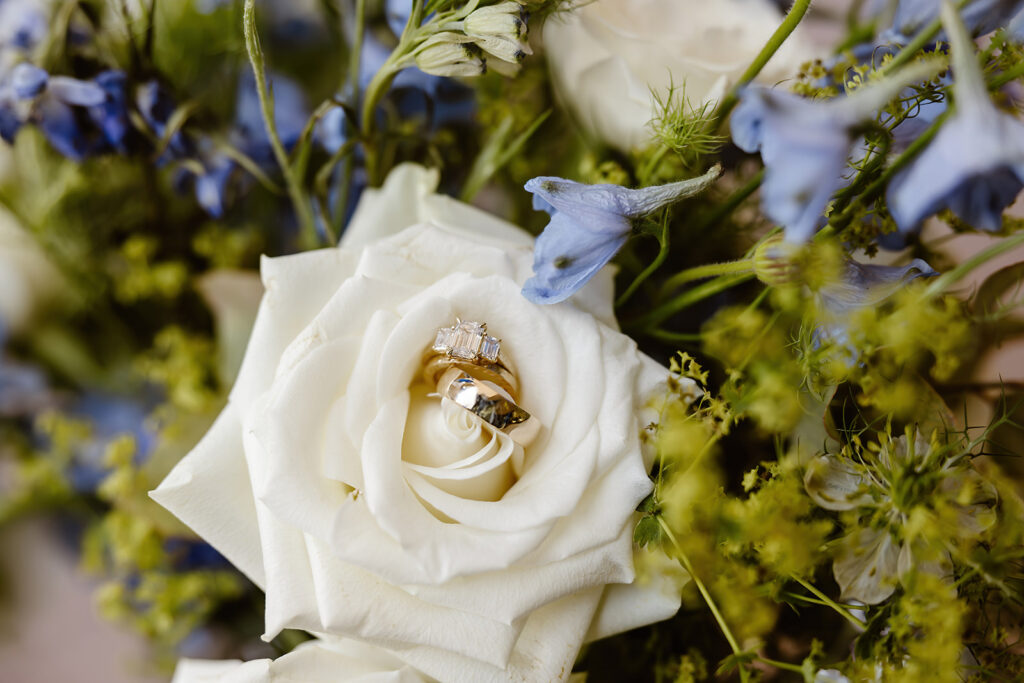 wedding rings inside of the white wedding rose