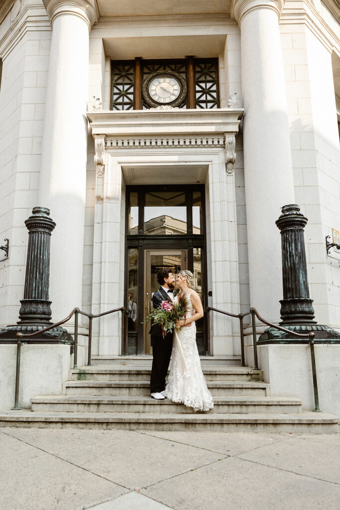 elopement couple in front of the citizens ballroom