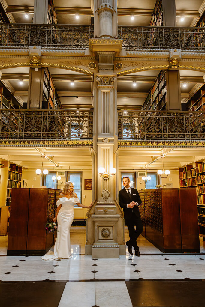 elegant elopement couple at George Peabody Library