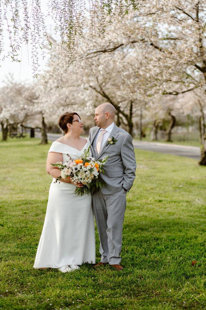 bride and groom cherry blossom wedding in washington, dc