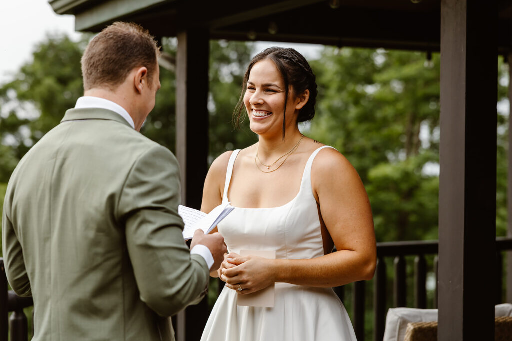 bride and groom private vow exchange with mountain backdrops