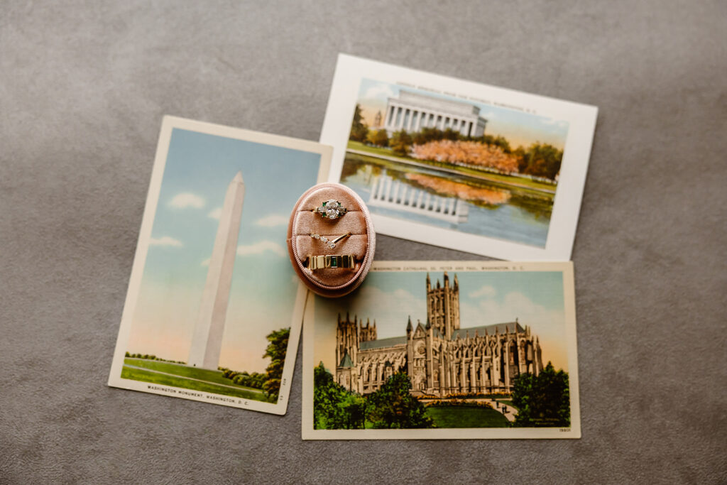 washington dc elopement details with postcards of dc iconic sights