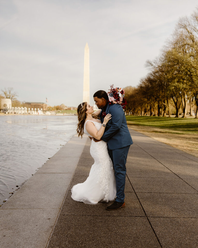 elopement couple hugging at the national mall in dc