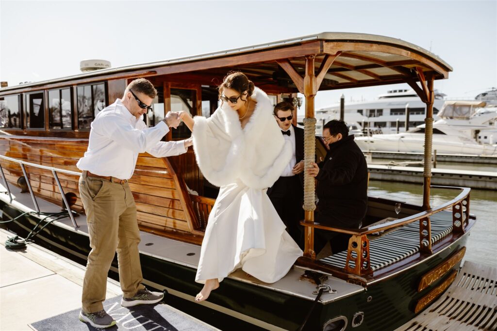 bride and groom during their yacht wedding celebration in washington dc