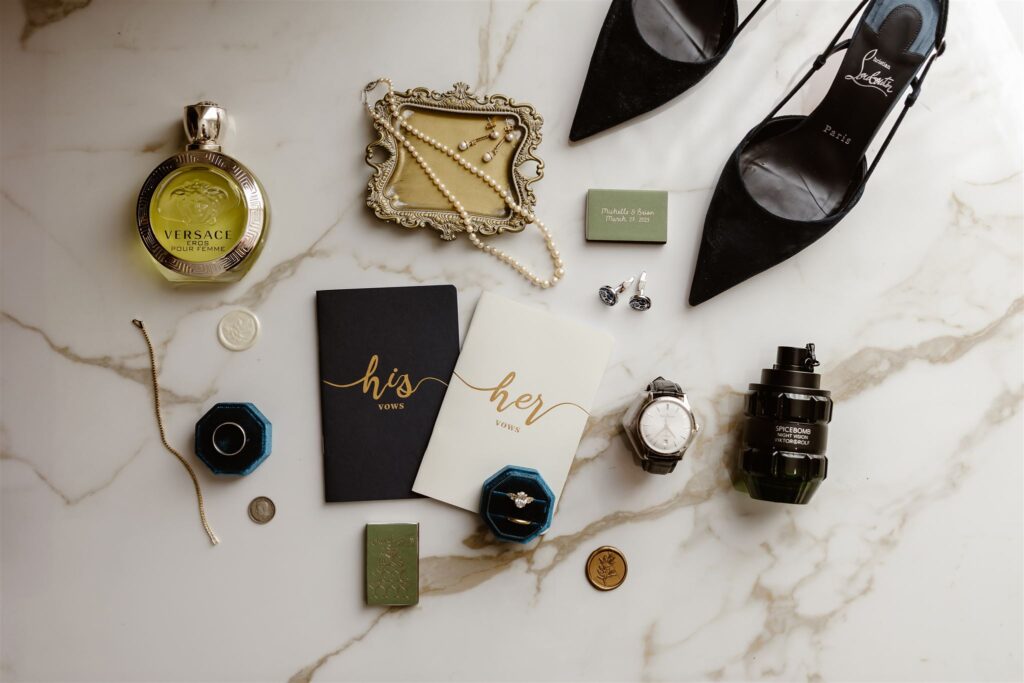 elegant detail flatlay on a marble floor
