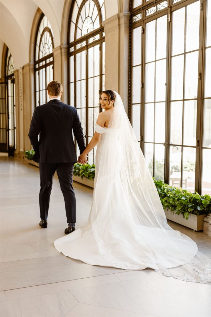 bride and groom exploring the grounds of freer gallery of art