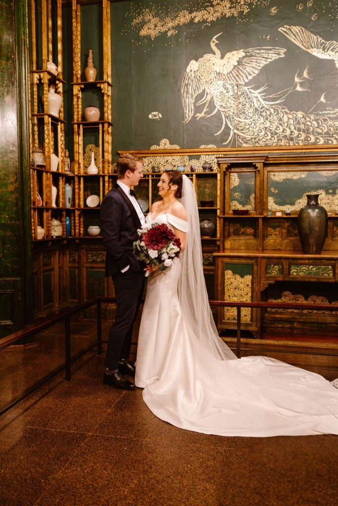 bride and groom exploring the freer gallery of art in dc