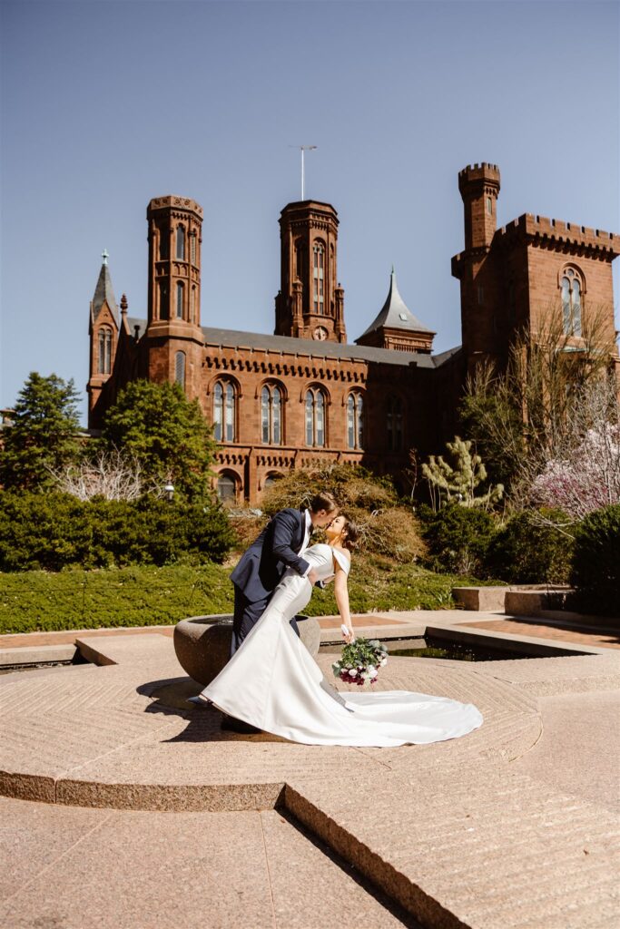 bride and groom at the smithsonian castle garden