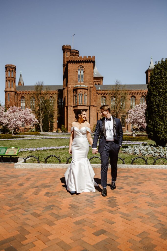 bride and groom at the smithsonian castle gardens