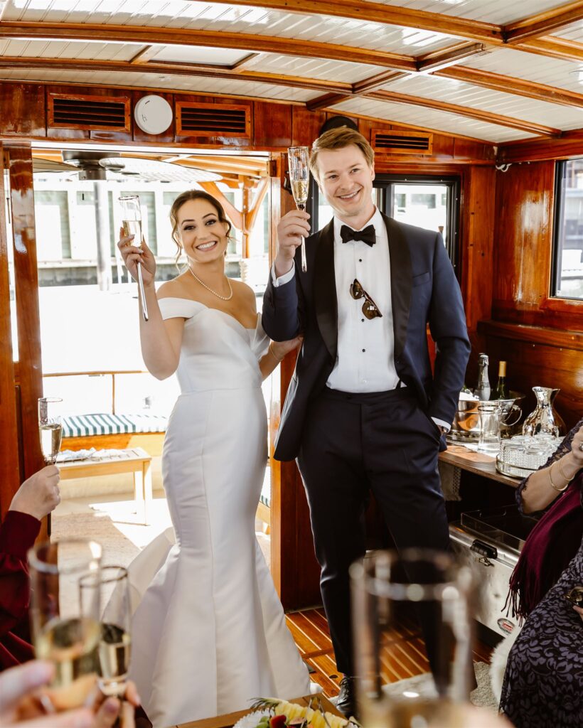 bride and groom during their yacht wedding celebration in washington dc