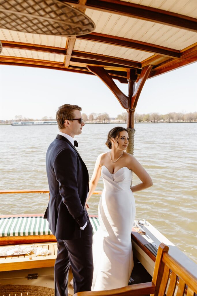 elegant elopement couple on a yacht during their dc micro wedding