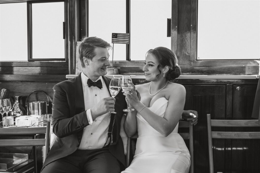 bride and groom during their yacht wedding celebration in washington dc