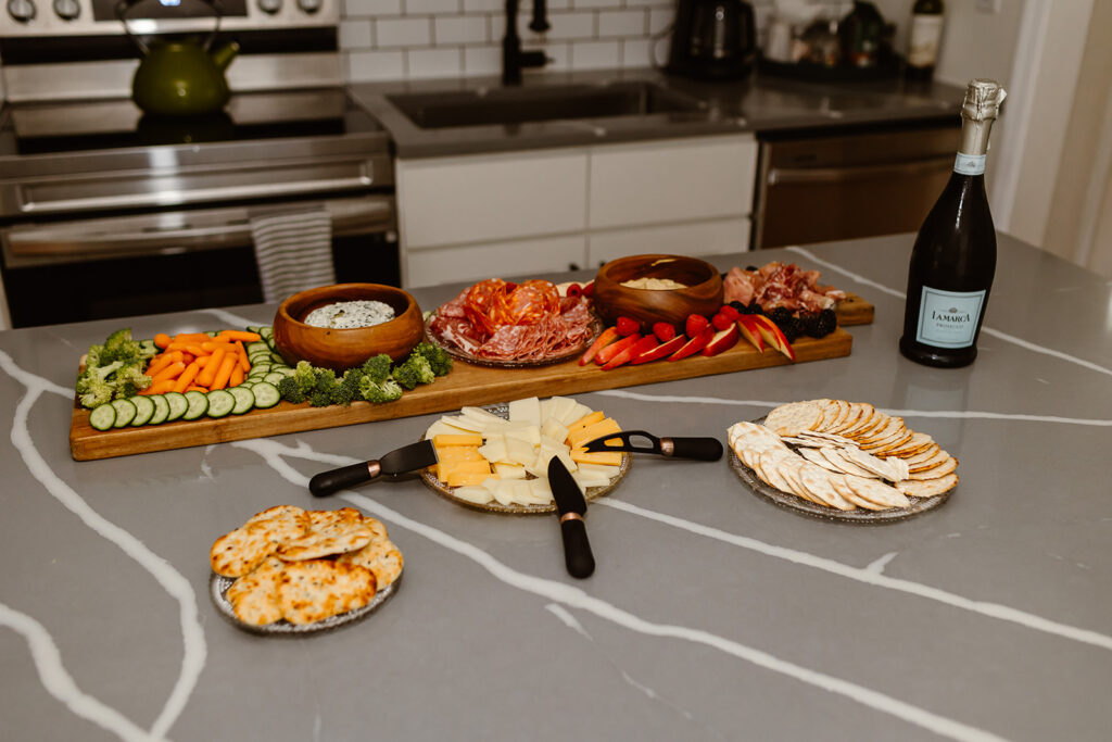 elopement charcuterie board set up in the kitchen