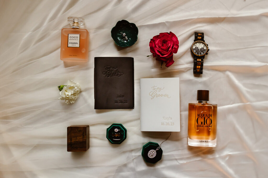 colorful fall elopement detail flatlay