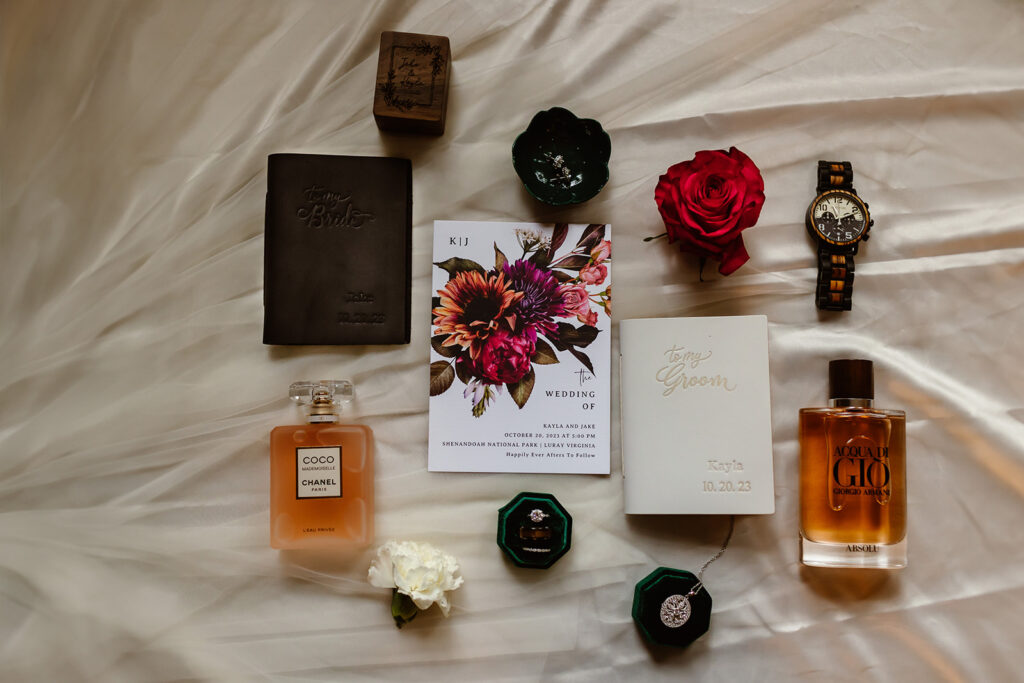 colorful fall elopement detail flatlay