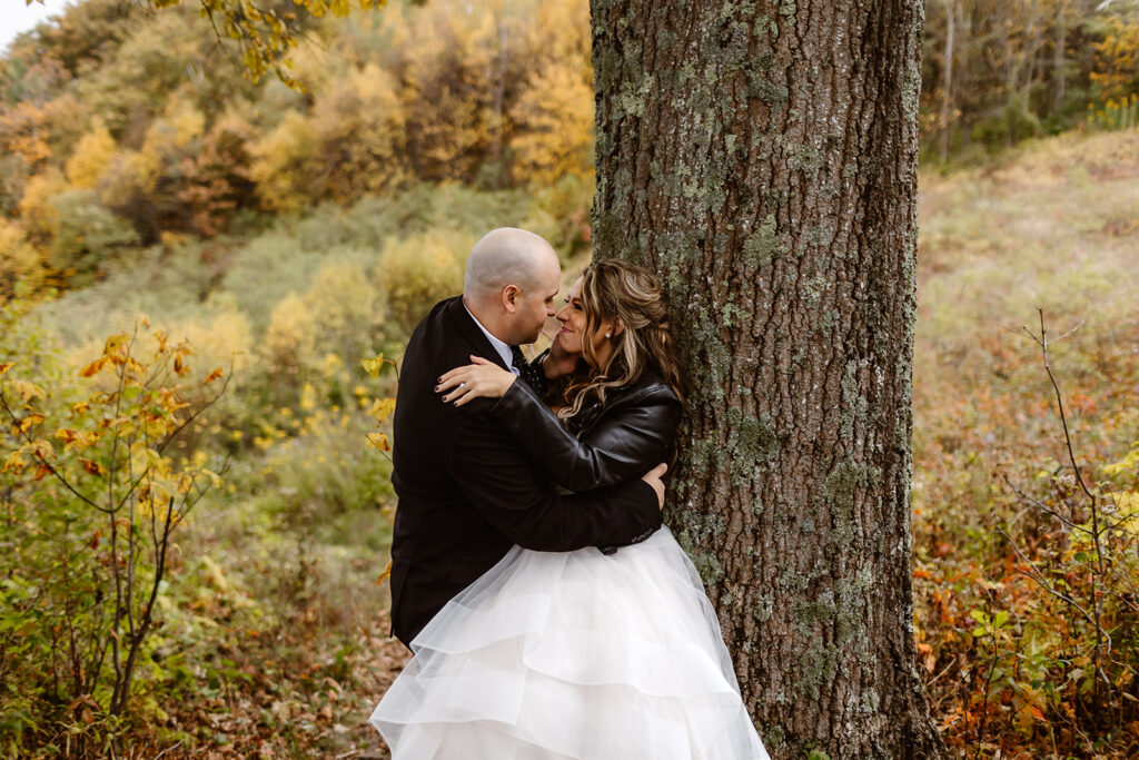 bride and groom kissing on the trail during their shenandoah elopement