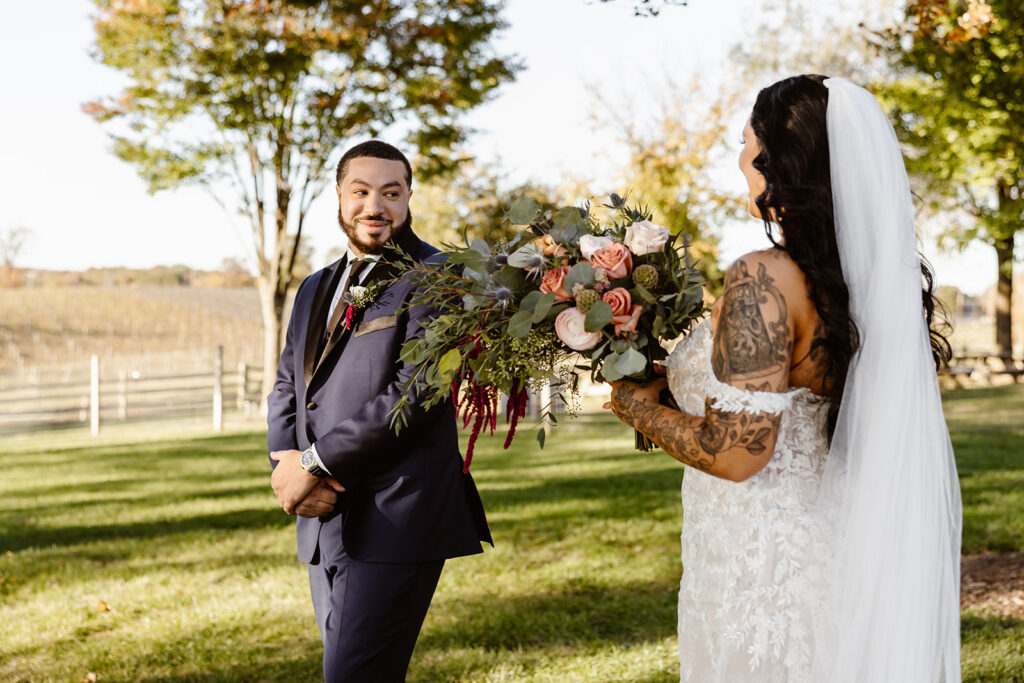 bride and groom first look during their winery micro wedding at the winery at bull run
