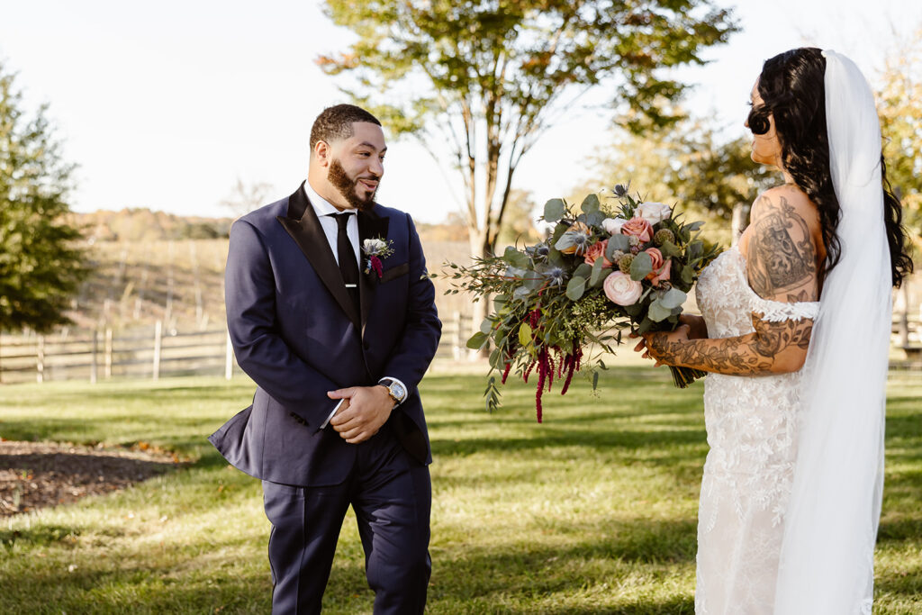 bride and groom first look during their winery micro wedding at the winery at bull run