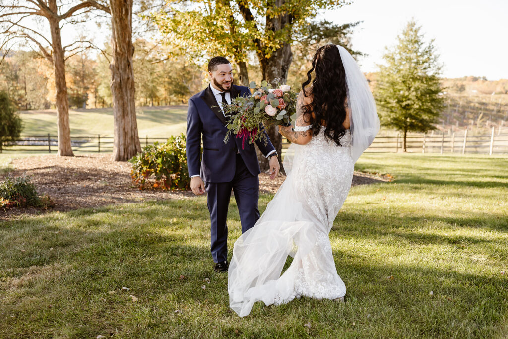 bride and groom first look during their winery micro wedding at the winery at bull run