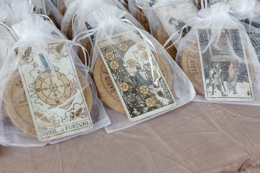wedding favors of custom coasters and tarot cards
