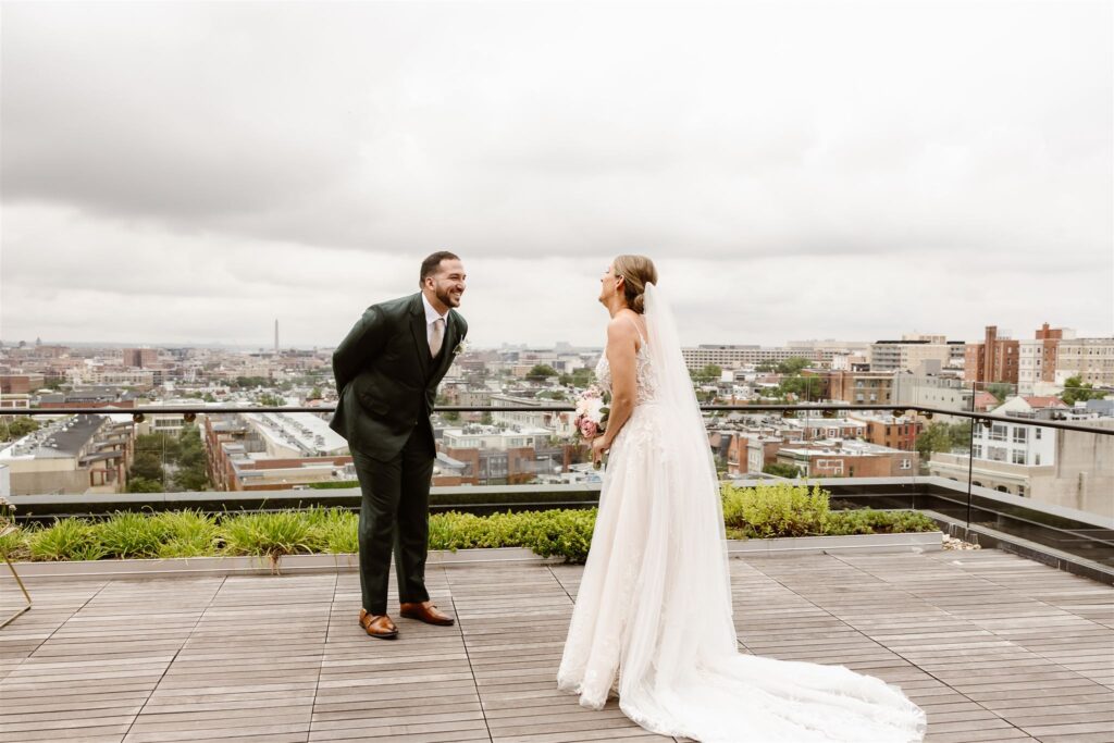 bride and groom first look on the rooftop at the line hotel dc