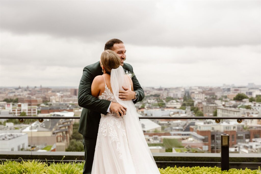 bride and groom first look on the rooftop at the line hotel dc