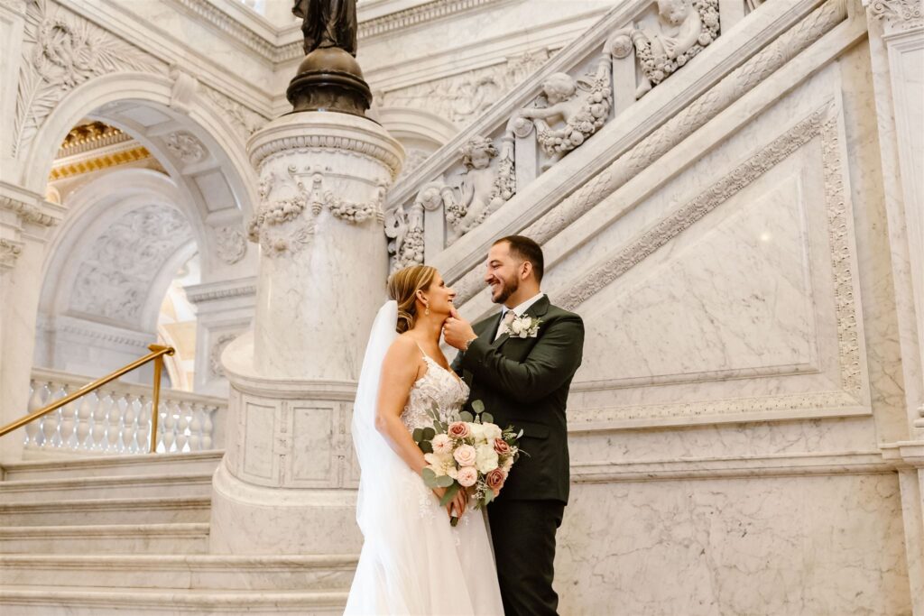 bride and groom inside the library of congress