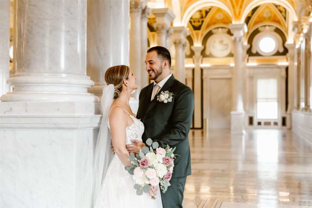 bride and groom inside the library of congress