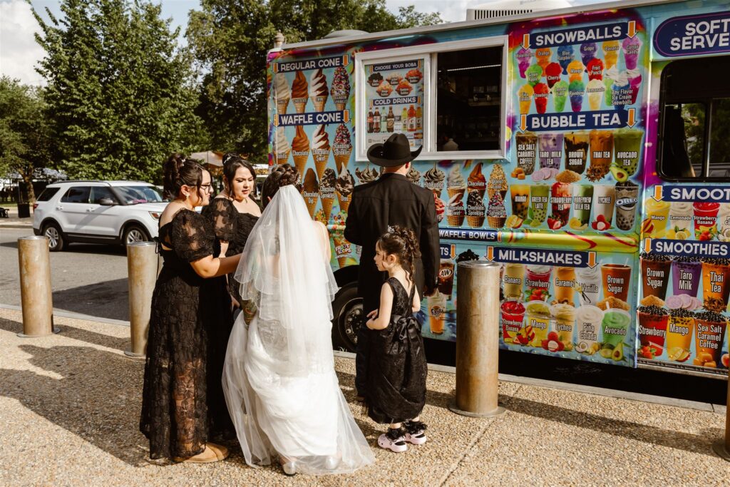 bride and groom and family outside an ice cream truck in dc