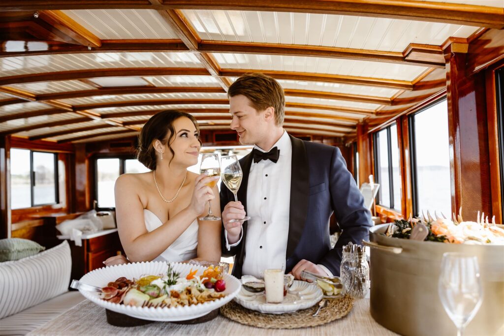 elopement couple enjoying an elopement reception on a yacht in washington dc