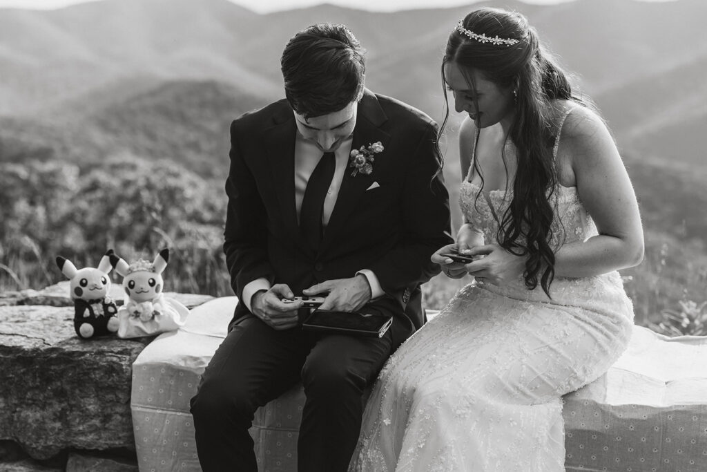 bride and groom playing a video game together