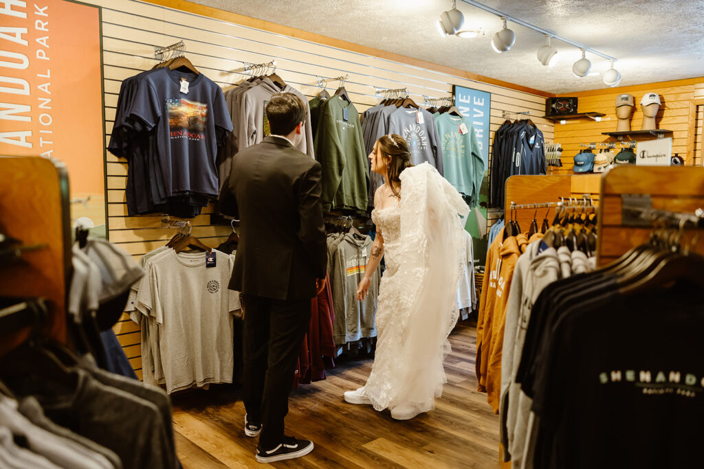 bride and groom inside gift shop at shenandoah national park