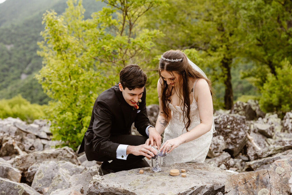 bride and groom sand unity ceremony at shenandoah national park