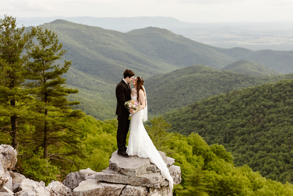 summer elopement in shenandoah national park with mountain views and cloudy skies