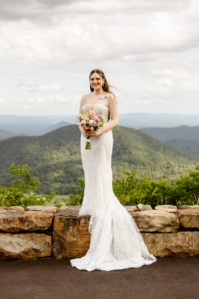 bridal portrait at a mountain overlook during their summer elopement in shenandoah