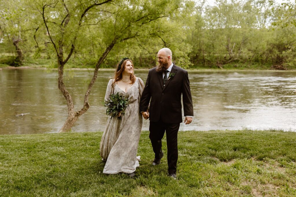 joyful bride and groom at the shenandoah river