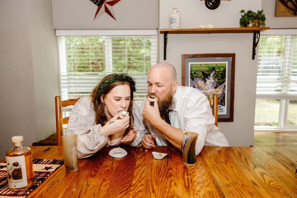 bride and groom enjoying mead and cupcakes