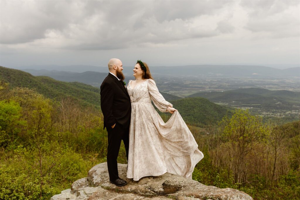 adventurous bride and groom during their summer mountain elopement in shenandoah national park