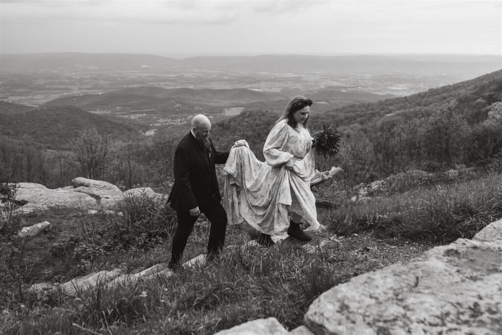 adventurous bride and groom during their summer mountain elopement in shenandoah national park