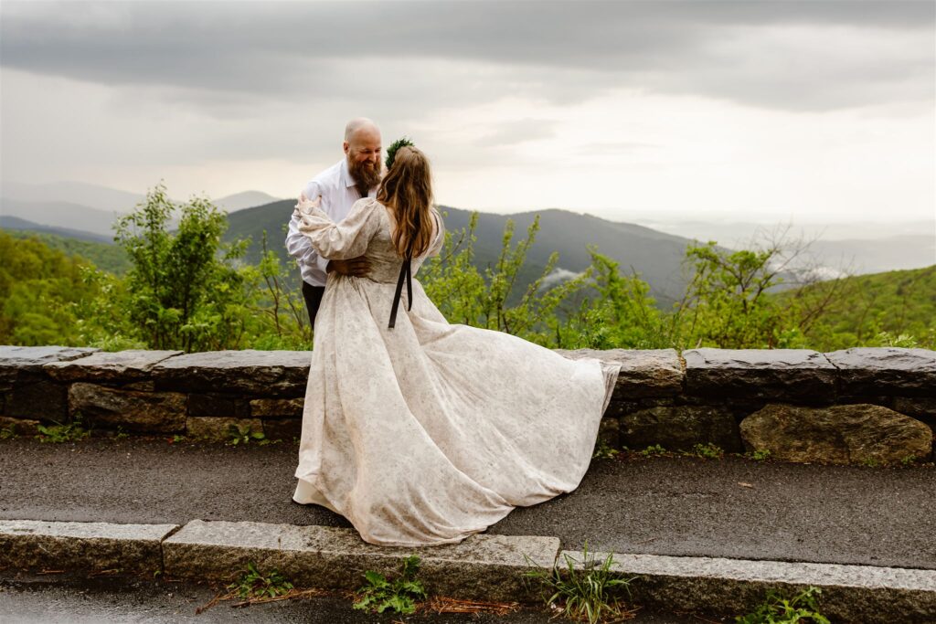adventurous bride and groom during their summer mountain elopement in shenandoah national park