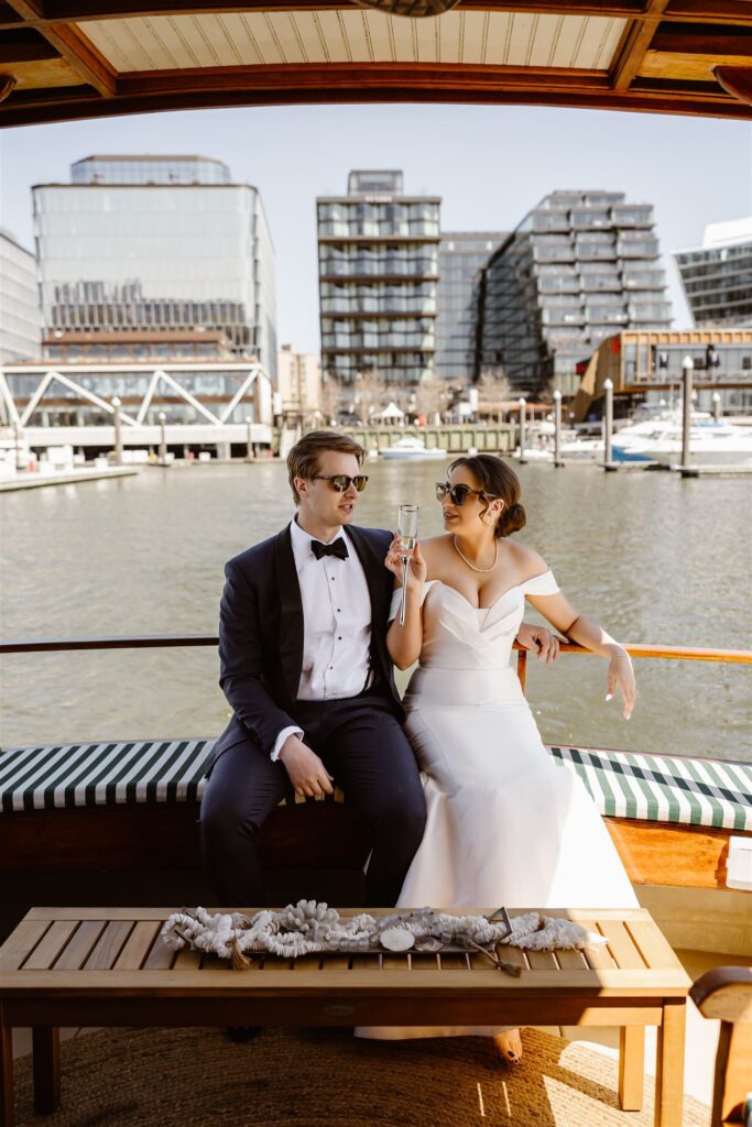 elegant bride and groom on yacht on the potomac in washington dc