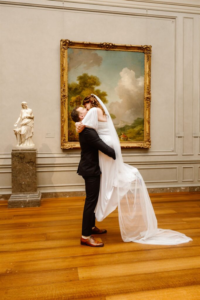 romantic bride and groom moments surrounded by art at the national gallery of art