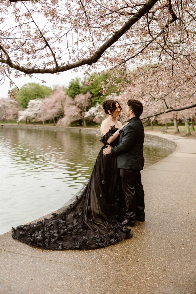 gothic elopement in washington dc during cherry blossom season at tidal basin